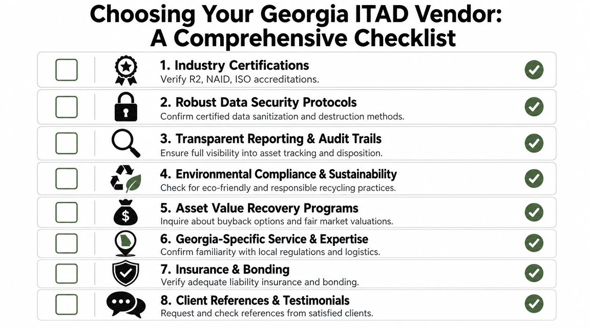 A comprehensive checklist for choosing a Georgia ITAD vendor including certifications, data security, and sustainability practices.