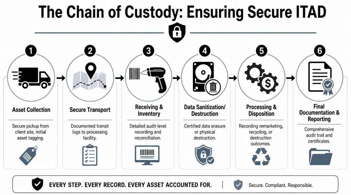 A six-step infographic illustrating the secure ITAD chain of custody process for electronics asset management.
