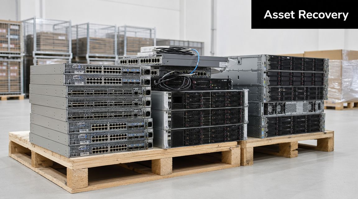 A stack of decommissioned network switches and enterprise rack servers on wooden pallets in a warehouse.