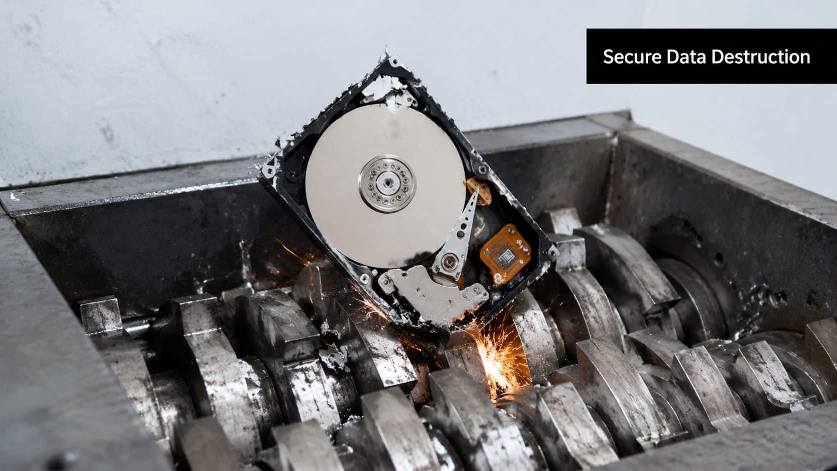 An industrial shredder destroying a computer hard drive to ensure secure and permanent data destruction.