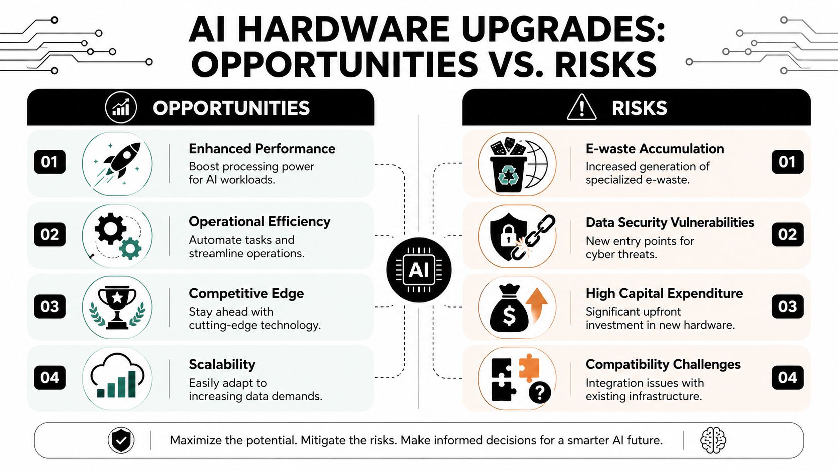 A professional infographic highlighting the opportunities and risks associated with AI hardware upgrades in business environments.