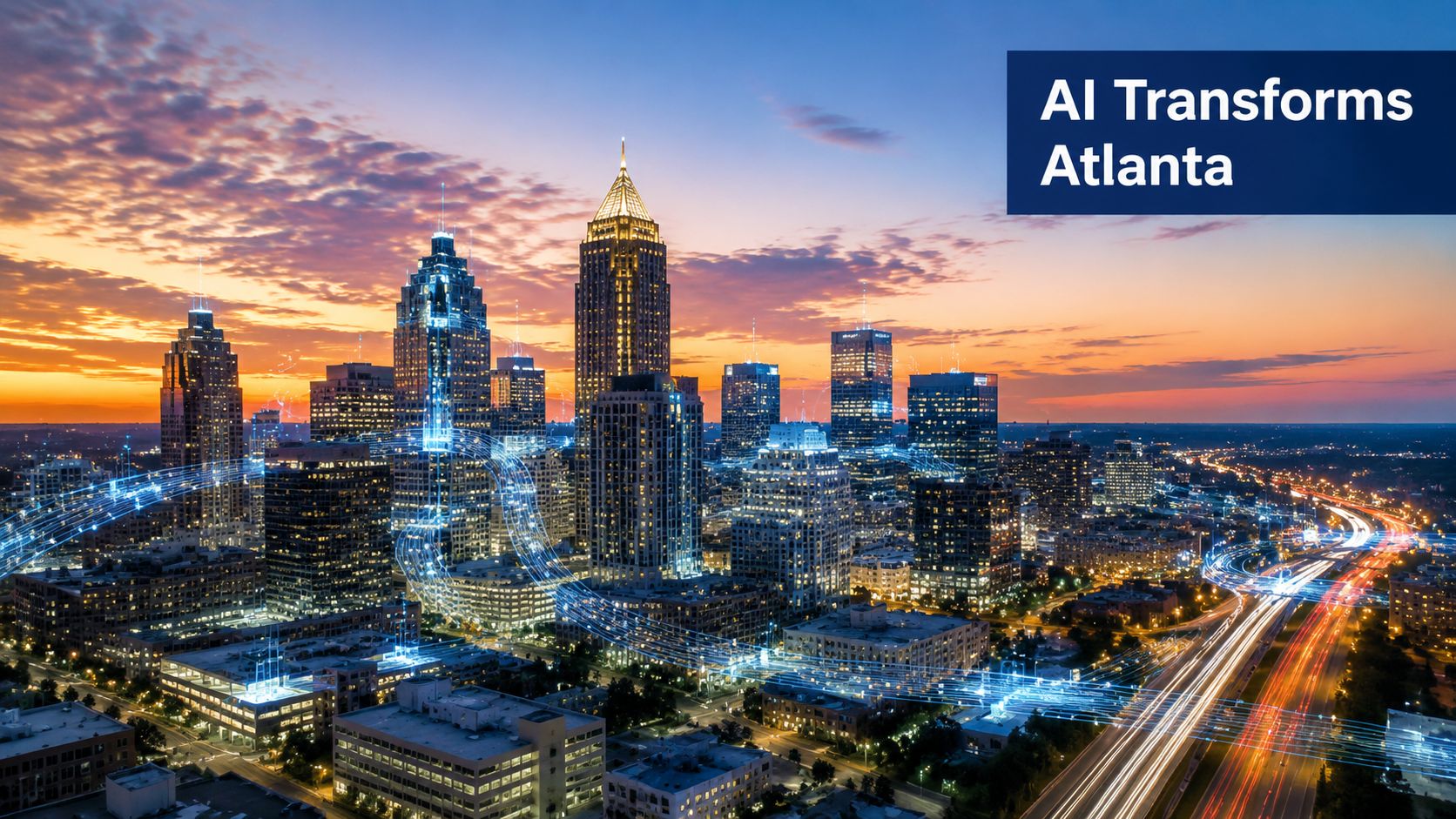 A scenic cityscape of Atlanta at sunset featuring glowing digital AI network overlays over the urban skyline.