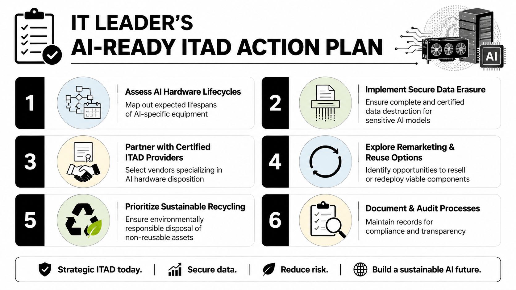 A six-step infographic detailing an IT leader's action plan for managing artificial intelligence hardware lifecycles and disposal.