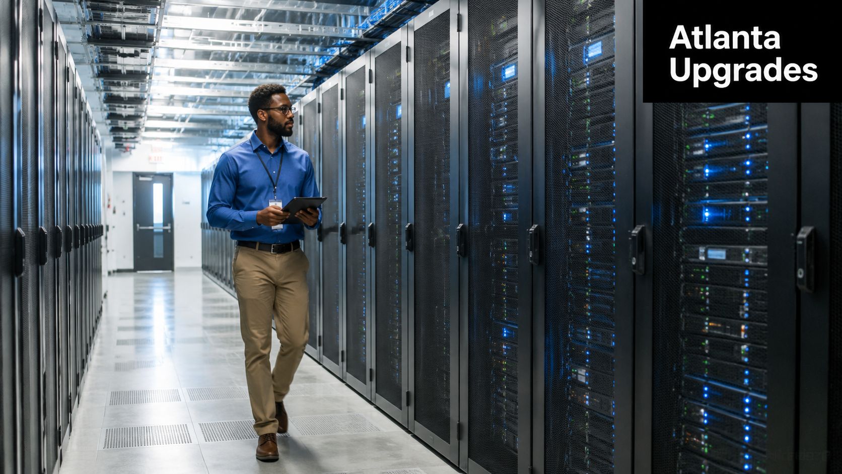 A professional technician with a tablet walking down a row of server racks in a data center.