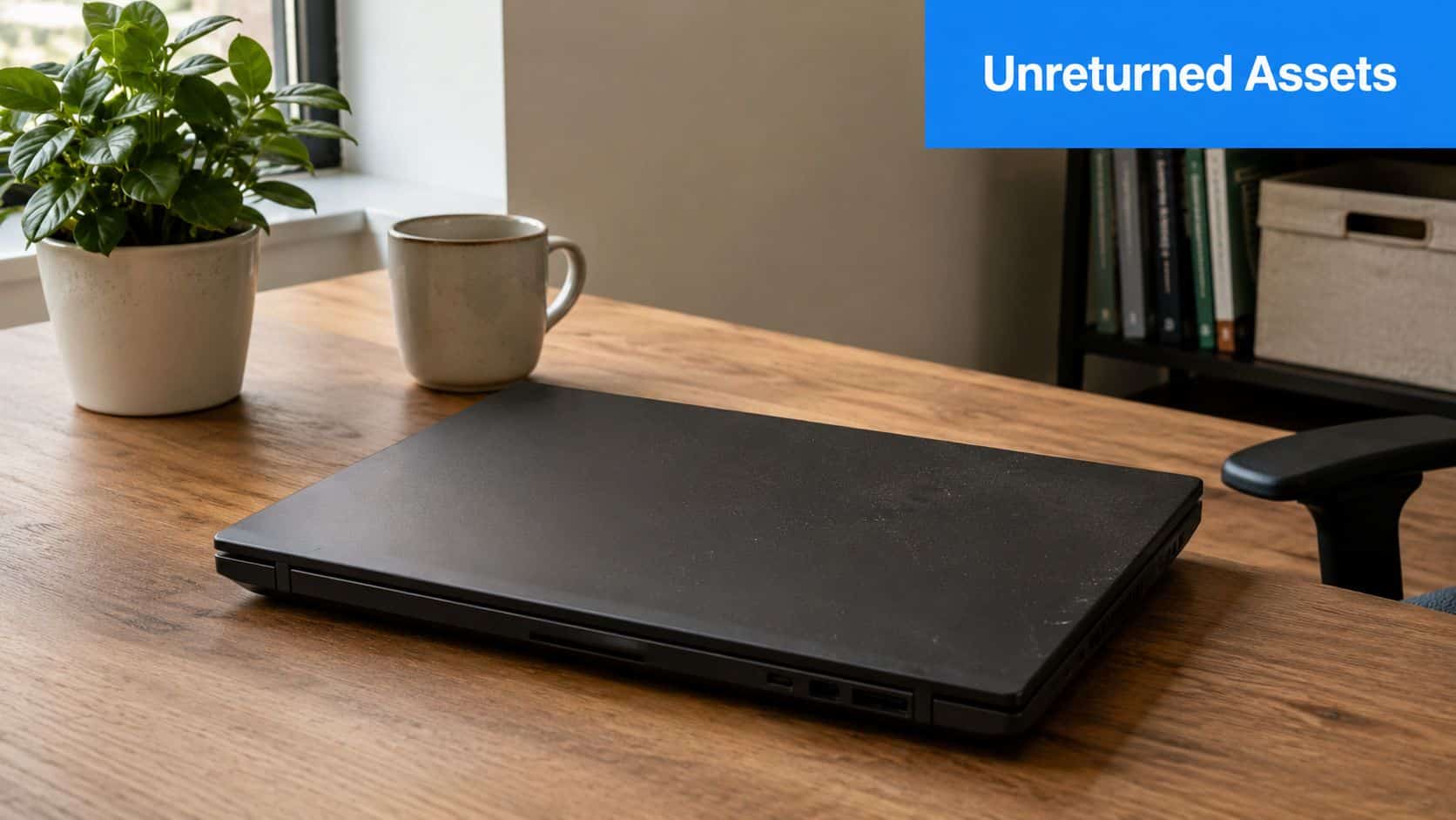 A sleek black laptop sits on a wooden desk near a houseplant and a coffee mug.