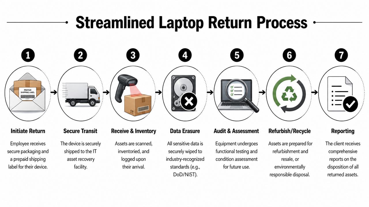A seven-step flowchart illustrating a streamlined process for corporate laptop returns from remote employees to IT facilities.