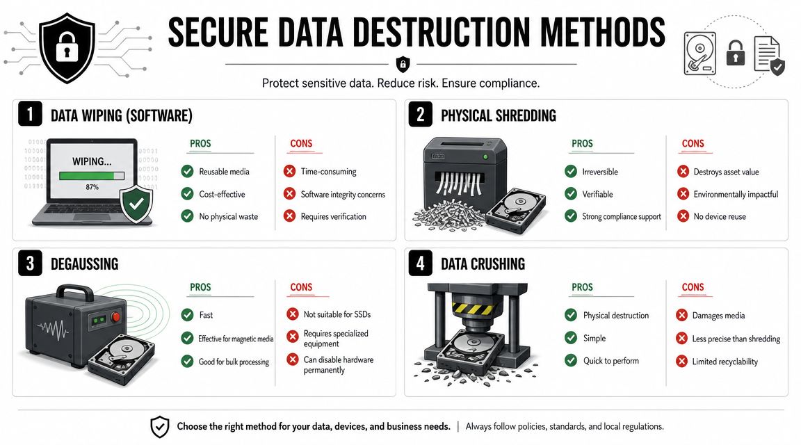 An infographic detailing four secure data destruction methods including software wiping, shredding, degaussing, and crushing.