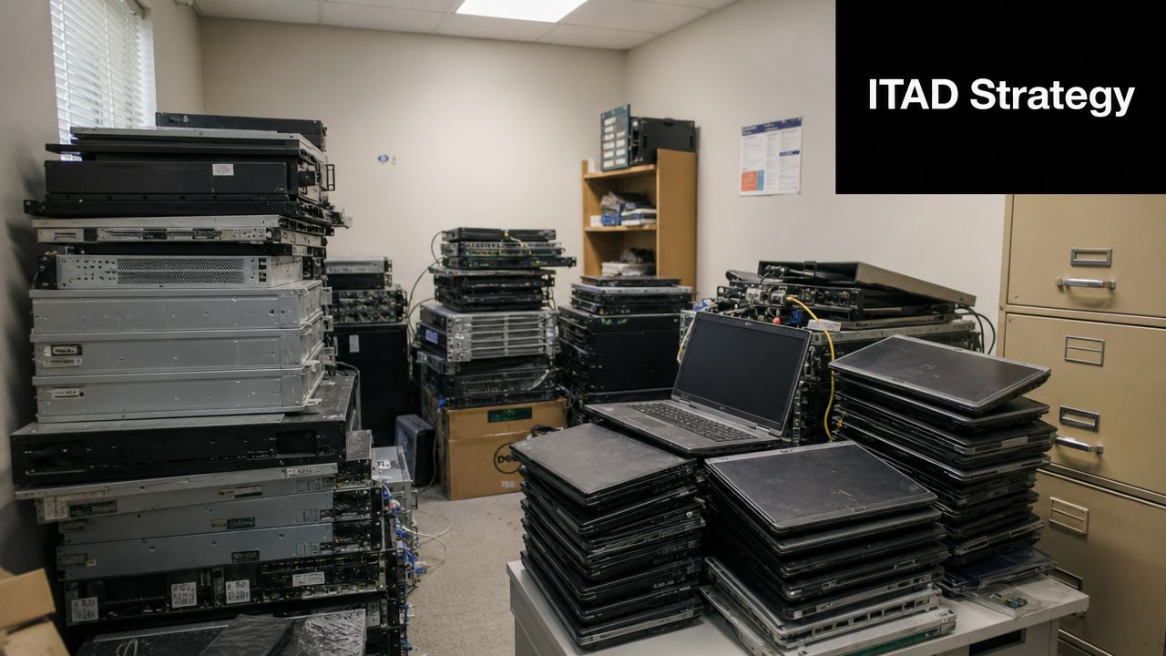 A storage room filled with stacks of old enterprise servers and laptops for IT asset disposition processing.