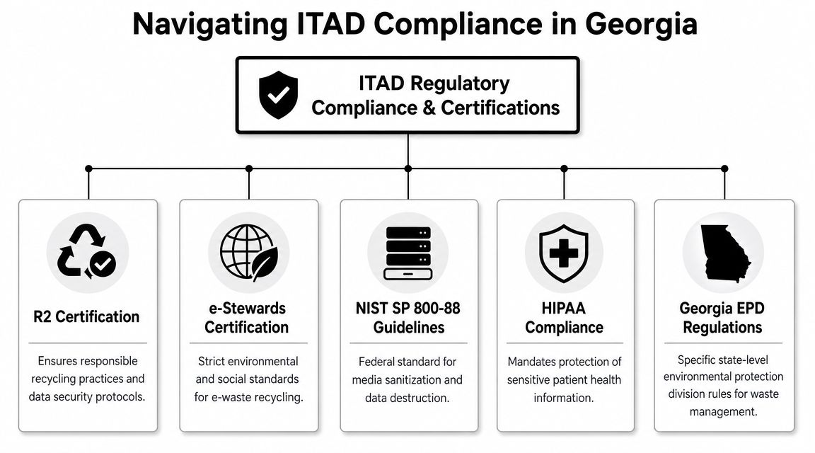 An infographic showing five key ITAD regulatory compliance and certification standards for businesses in Georgia.