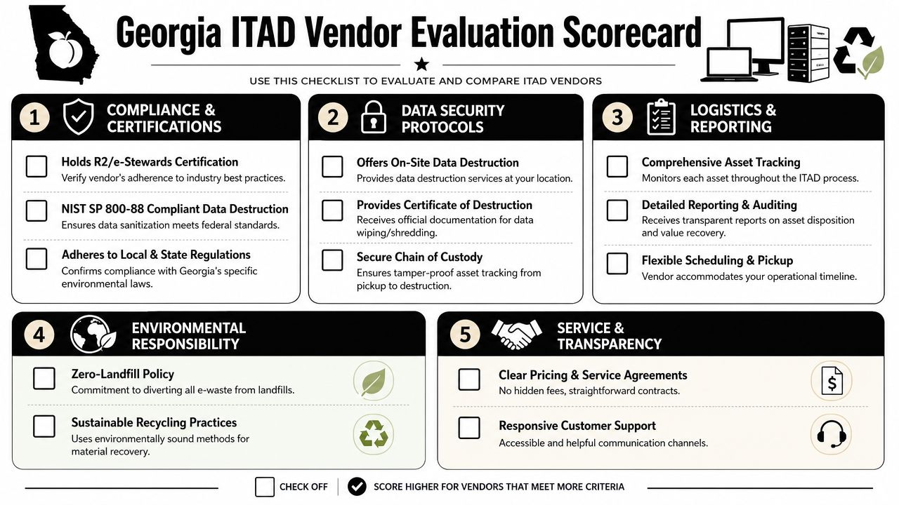 A comprehensive ITAD vendor evaluation scorecard checklist for selecting certified electronic waste recycling and disposal partners in Georgia.