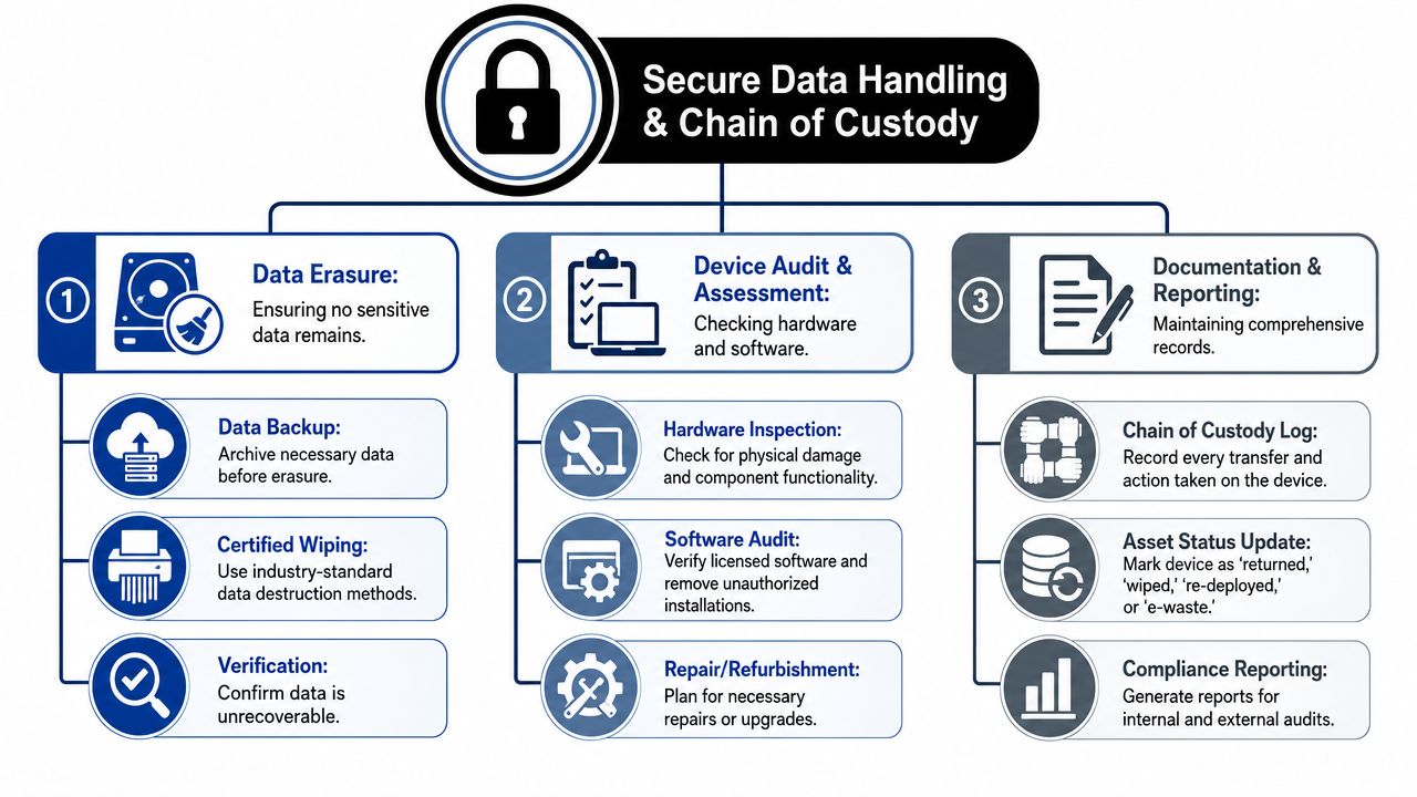 A flowchart detailing the three-step process of secure data handling and asset chain of custody management.