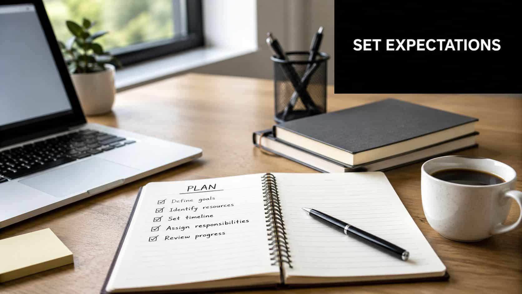 A professional workspace featuring a laptop, a notebook with a written project plan, and a coffee mug.