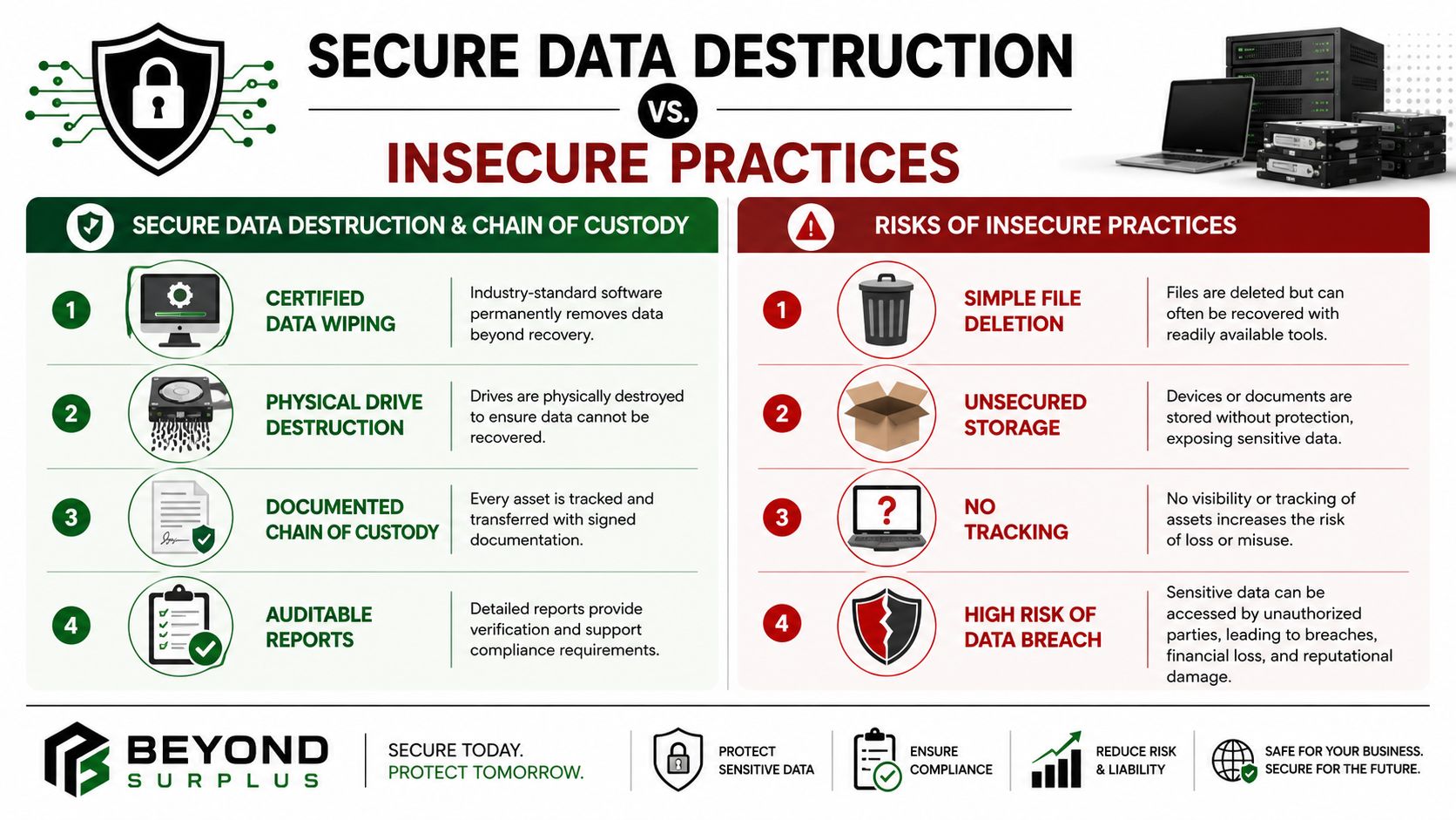 An infographic comparing secure data destruction methods with the risks associated with insecure disposal practices for businesses.