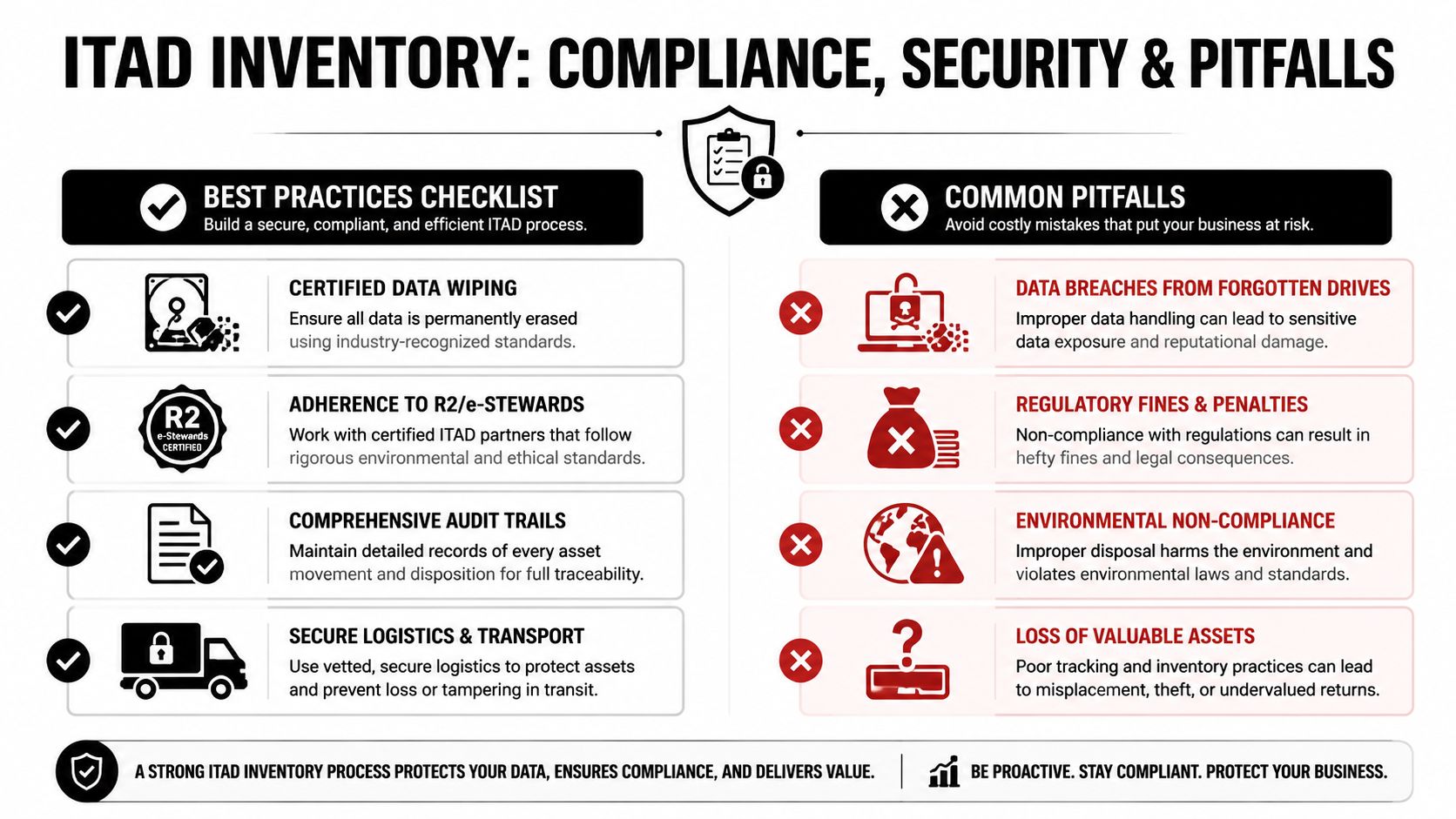 An infographic titled ITAD Inventory outlining best practices and common pitfalls for secure and compliant asset disposal.