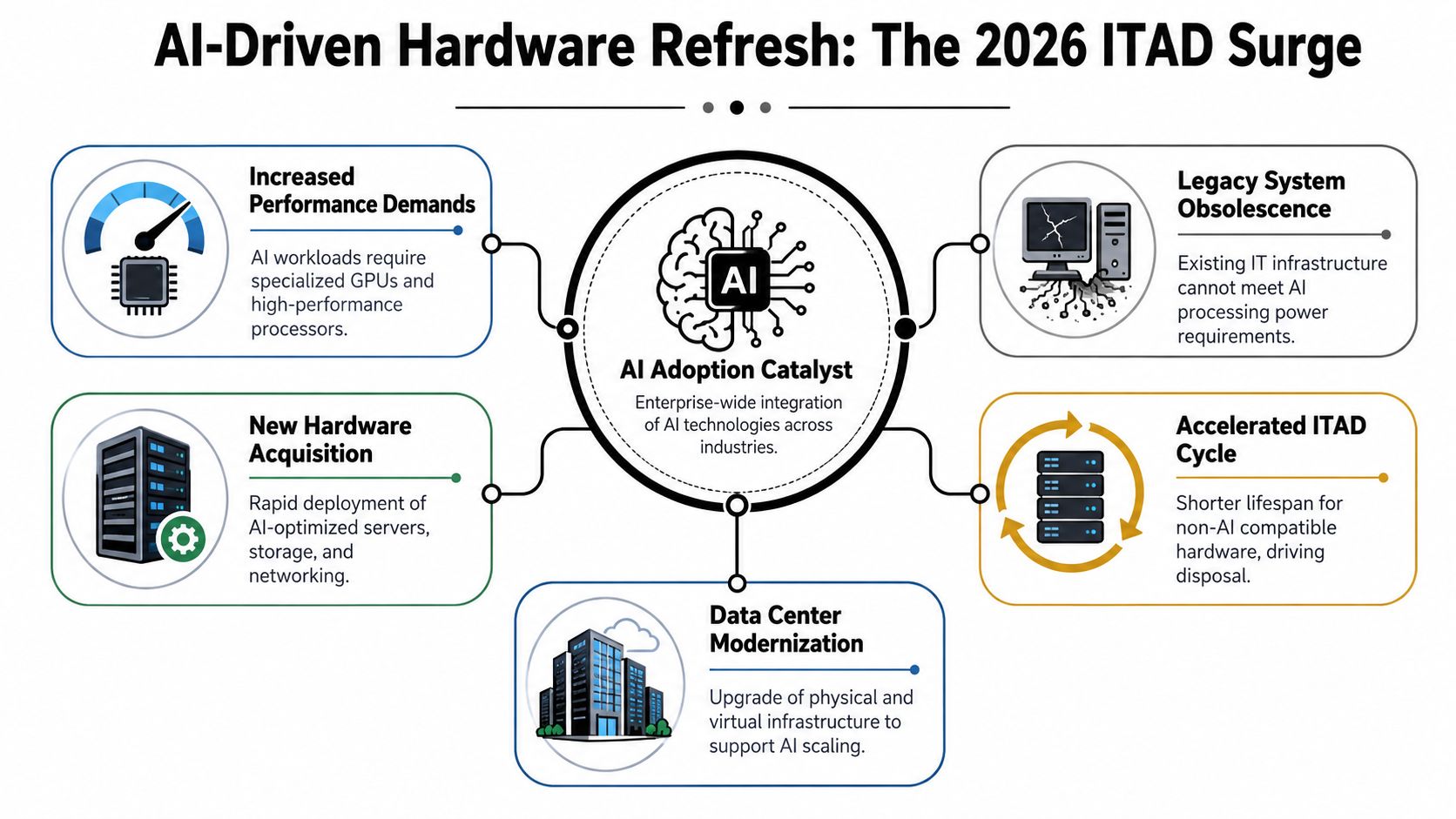 A diagram illustrating how AI adoption acts as a catalyst for 2026 enterprise IT hardware refreshes.