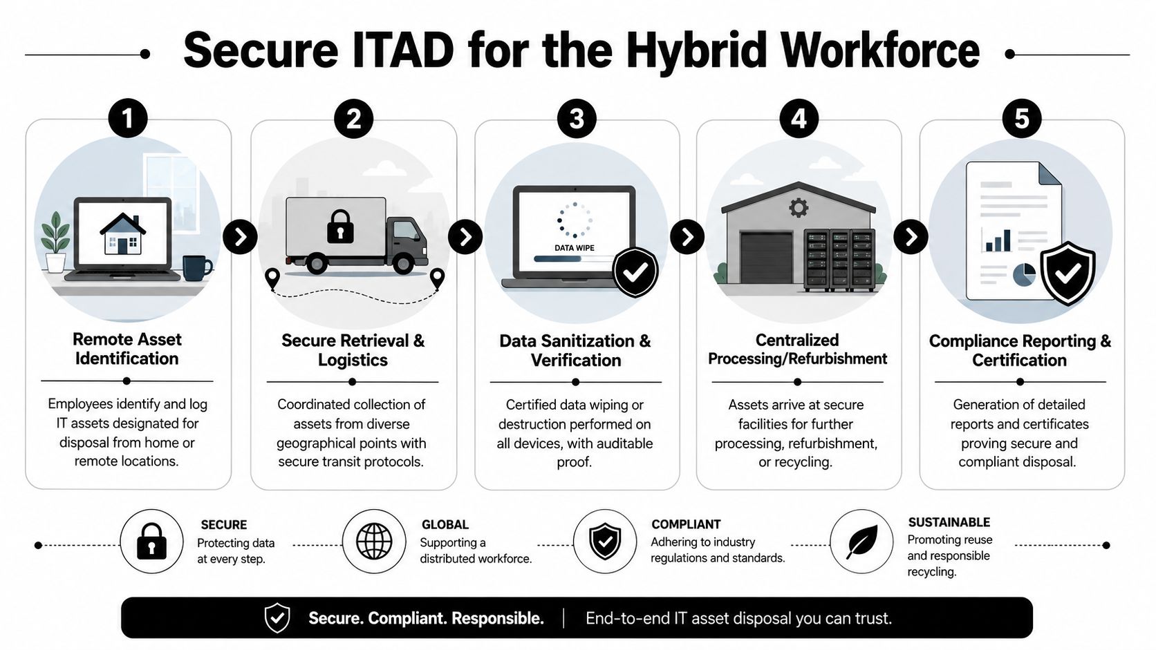 A five-step infographic illustrating the secure IT asset disposal process for a hybrid workforce.