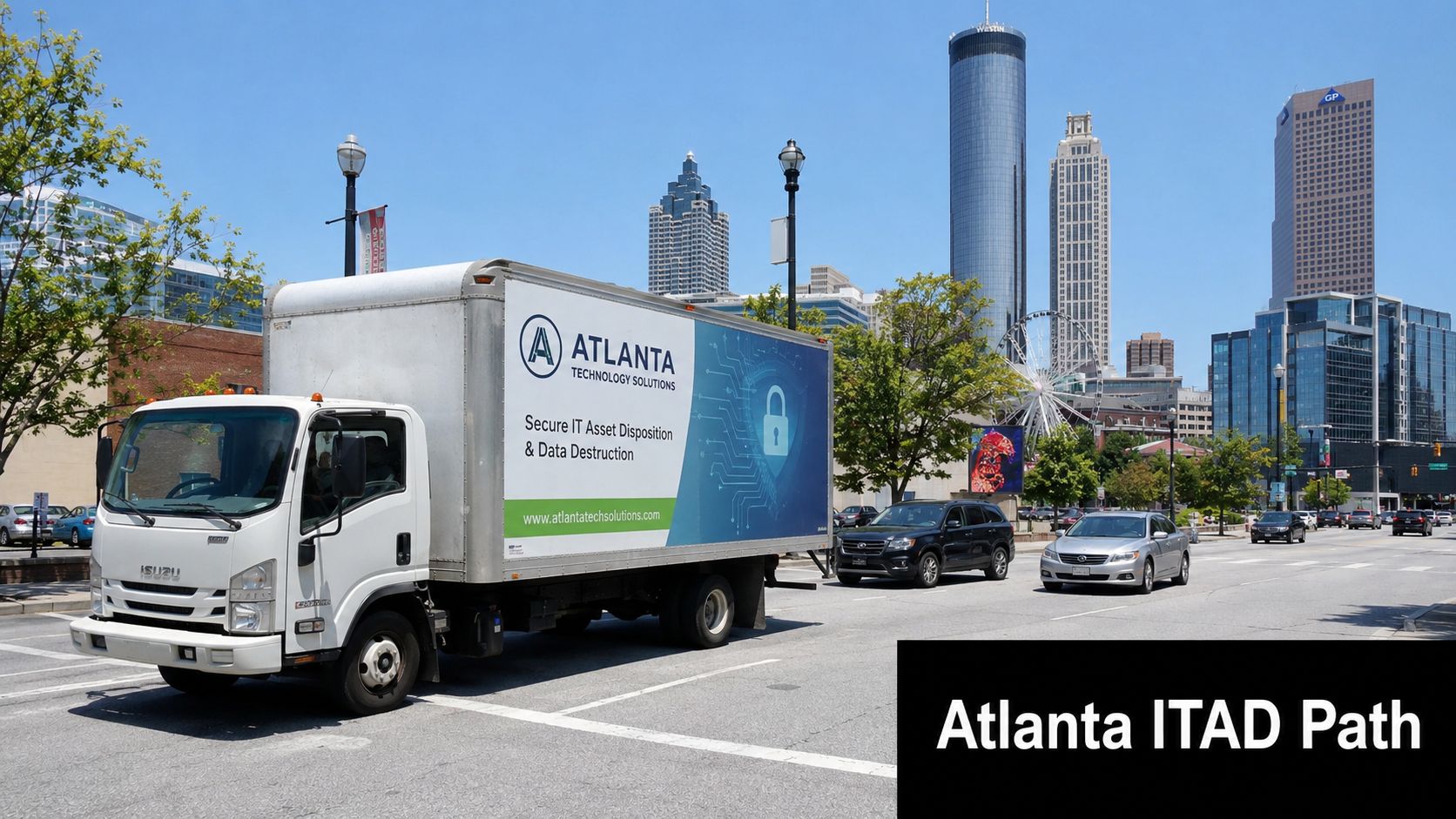 An Atlanta Technology Solutions truck driving on a city street with downtown skyline background.