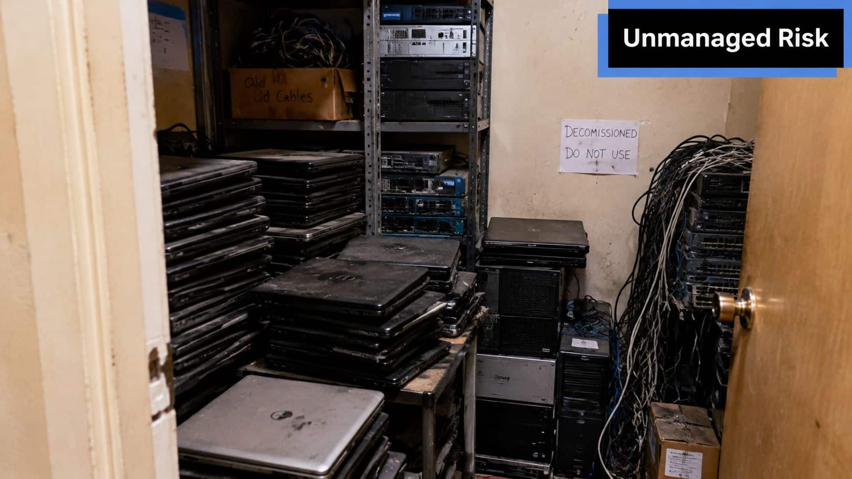 A cluttered IT storage room filled with decommissioned laptops, old servers, and tangled wires in poor condition.