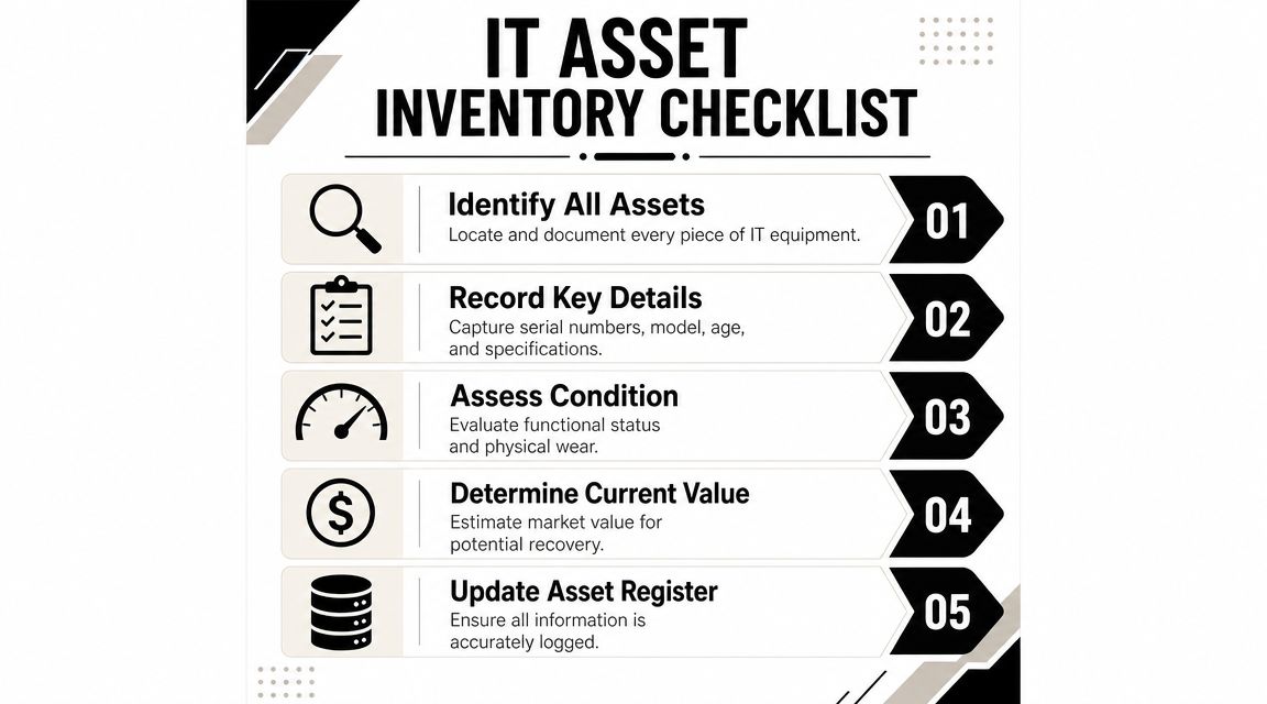 A five-step IT asset inventory checklist infographic outlining essential procedures for tracking and managing business equipment.