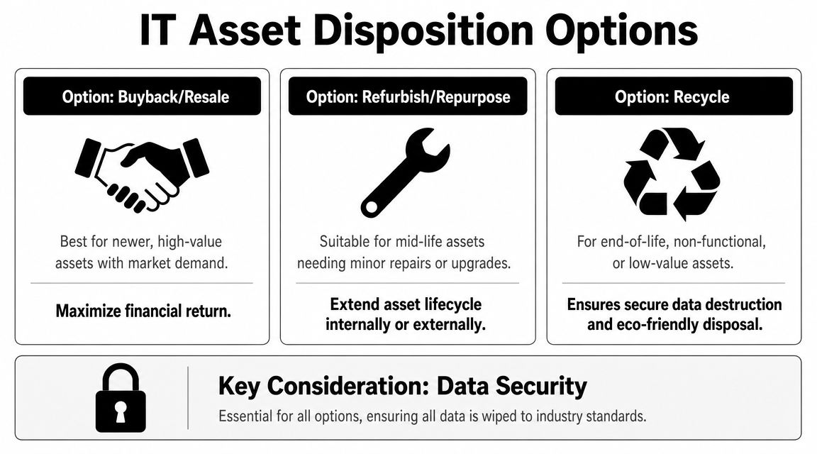 An infographic showing IT asset disposition options including buyback, refurbishing, and recycling with data security considerations.