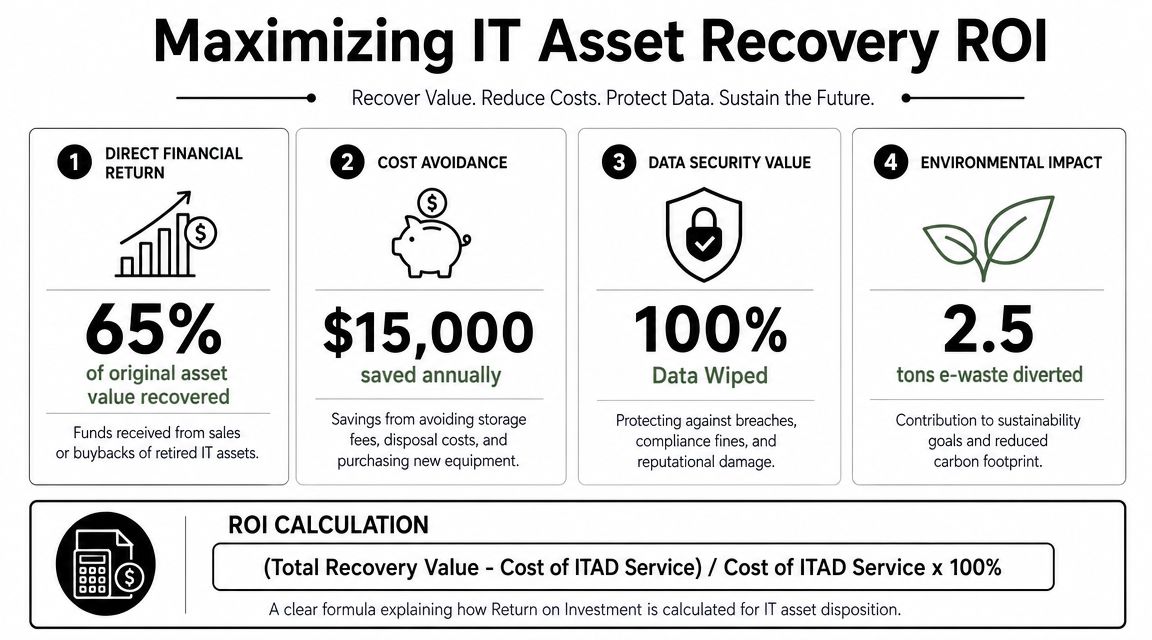 An infographic showing four key benefits and the ROI calculation for IT asset recovery services.