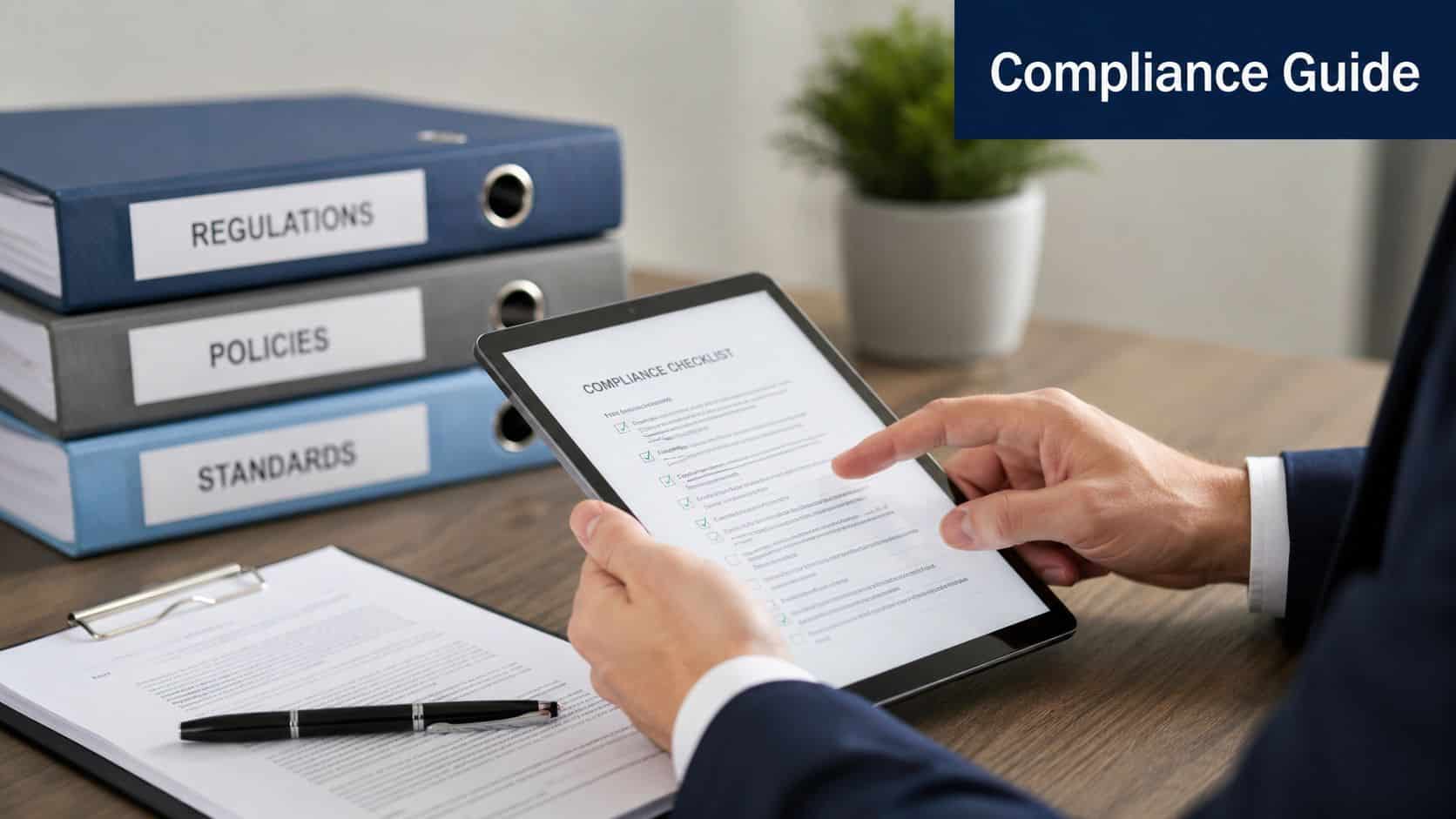 A professional reviewing a digital compliance checklist on a tablet while sitting at a desk with binders.