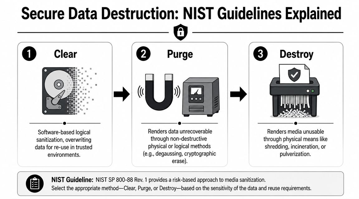 A diagram illustrating the three NIST guidelines for secure data destruction: Clear, Purge, and Destroy.
