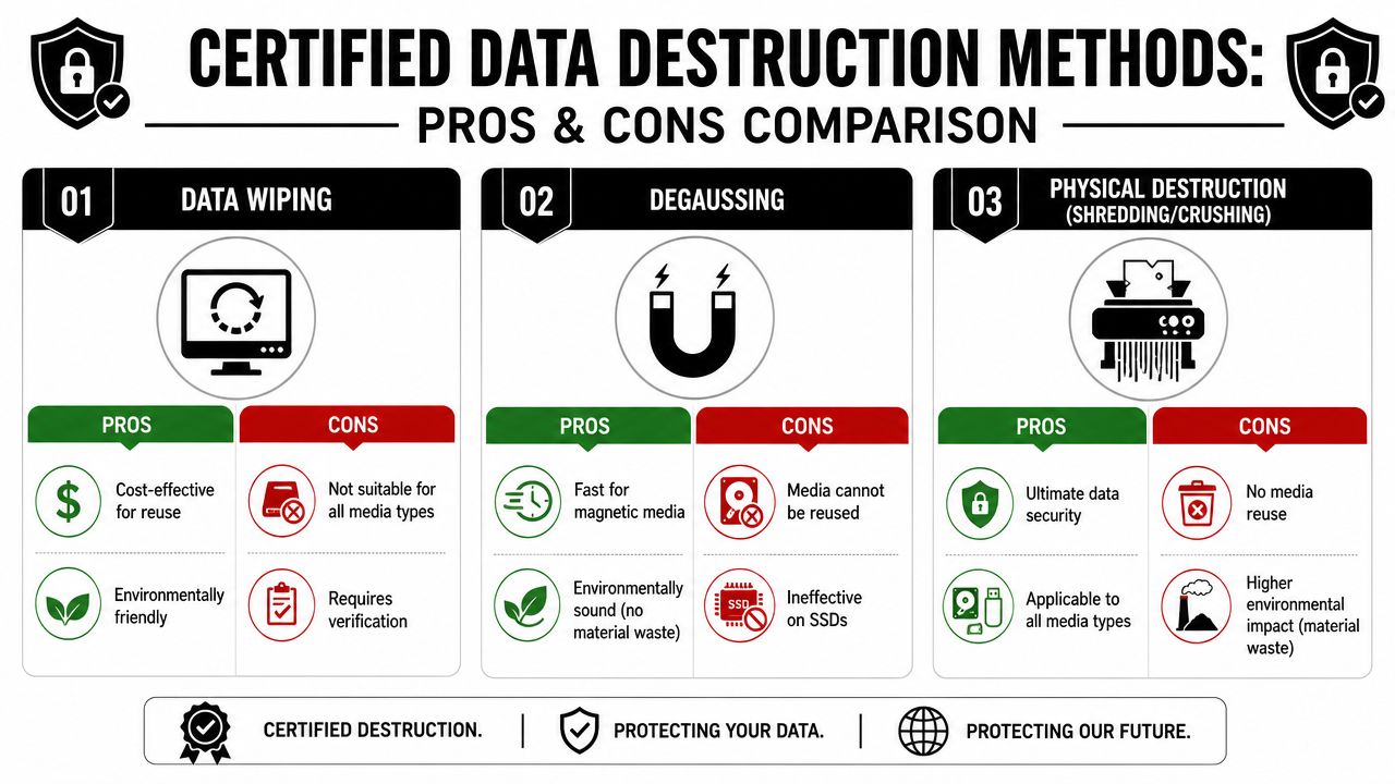 A comparative chart outlining the pros and cons of three certified data destruction methods for IT equipment.