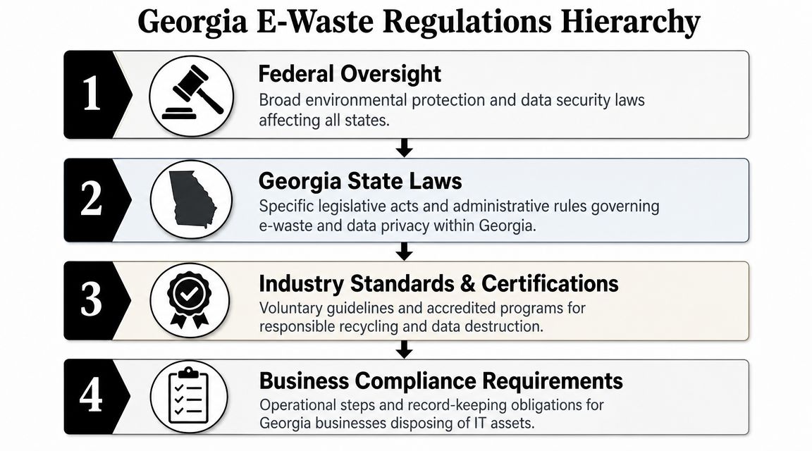 A hierarchy chart showing four levels of e-waste regulations, including federal oversight and Georgia state requirements.