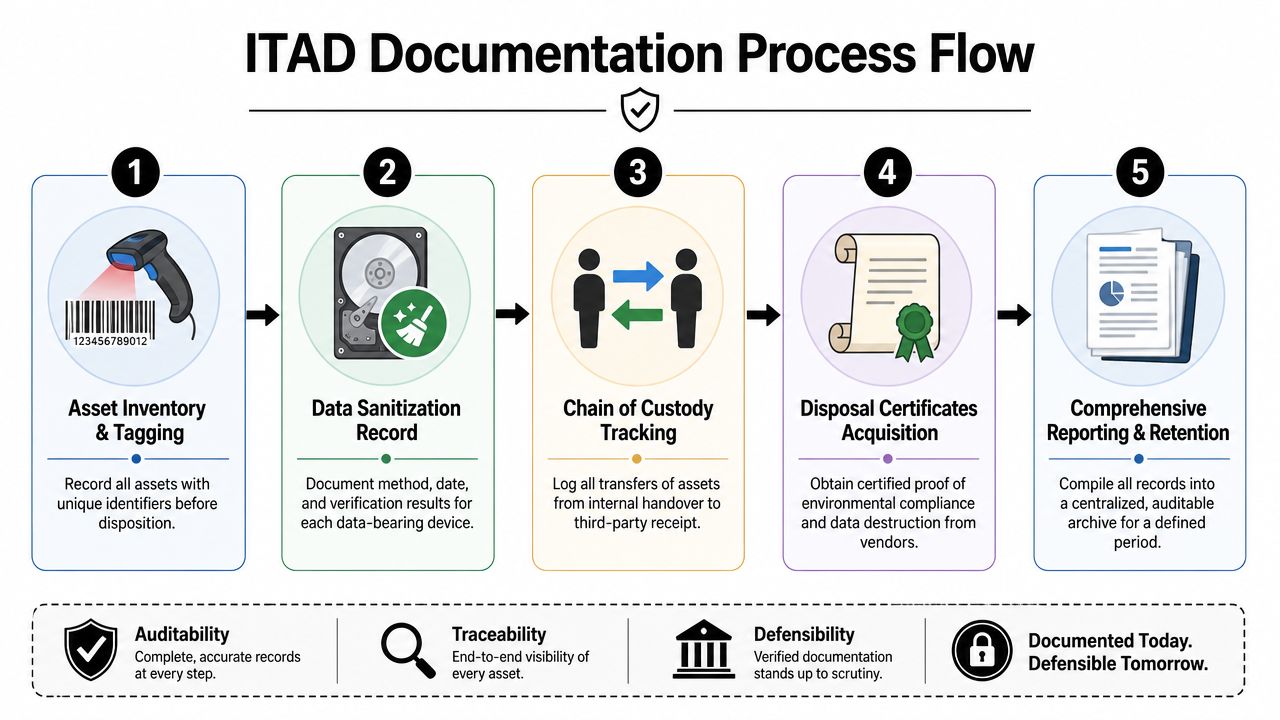 A process flow chart illustrating the five-step documentation procedure for IT Asset Disposition (ITAD) management.