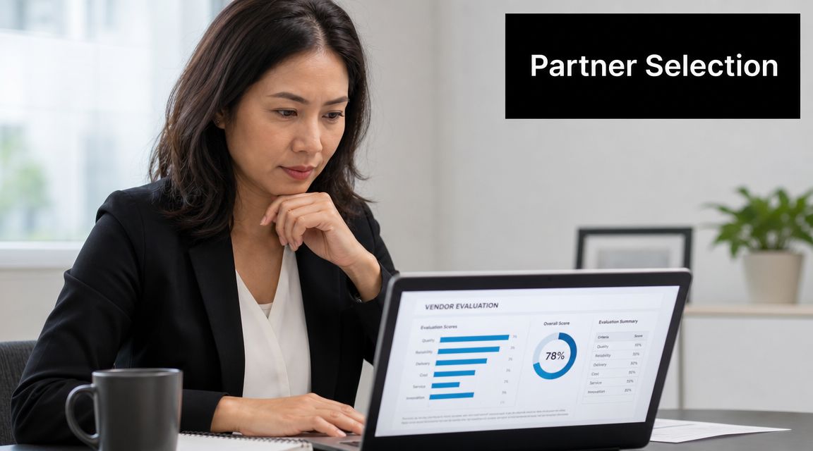 A professional woman in a business suit reviewing vendor evaluation data on a laptop screen.