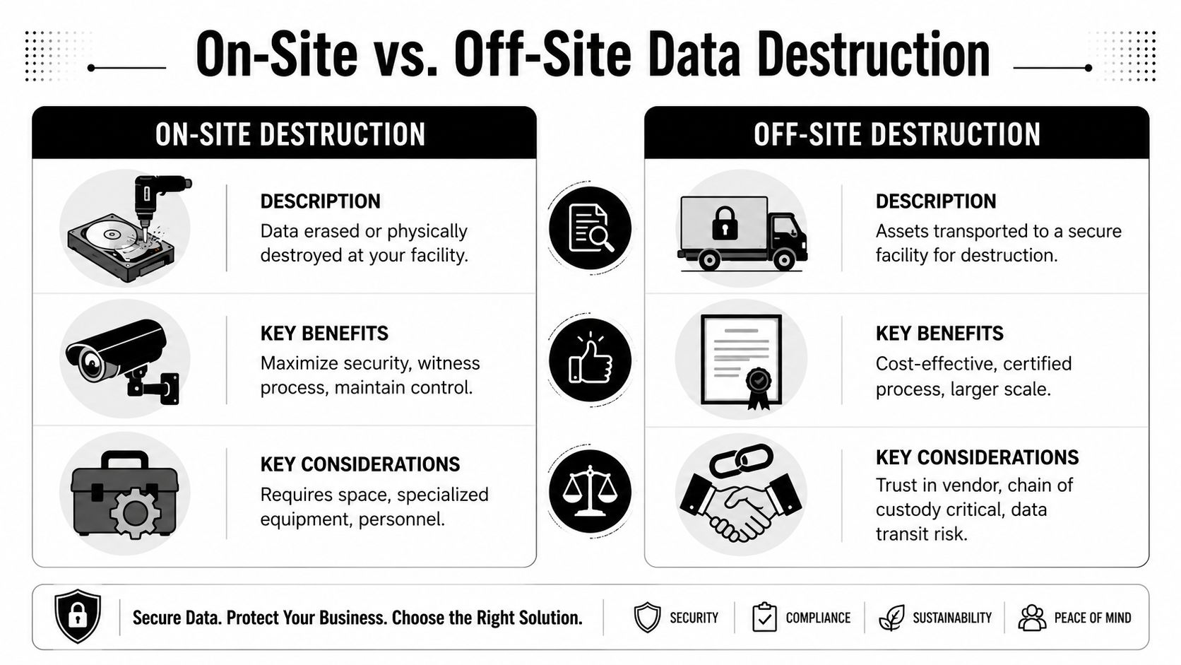 A comparison infographic between on-site and off-site data destruction services for secure IT asset disposal.