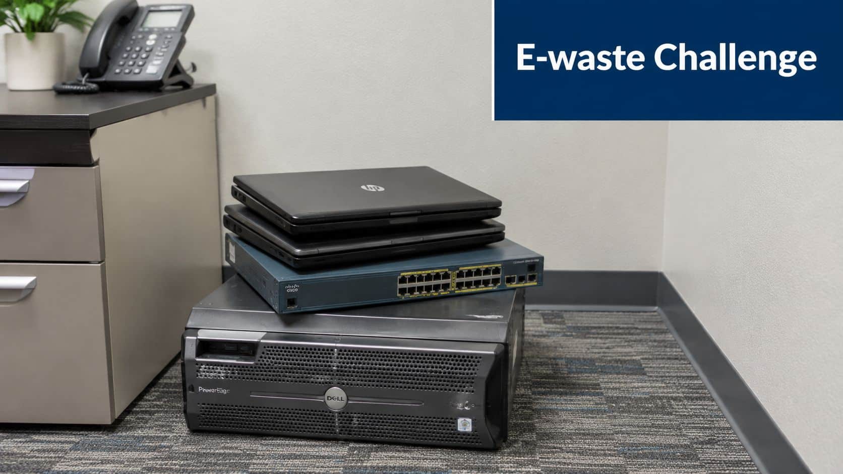 A stack of old IT equipment including a Dell server, Cisco switch, and laptops for recycling.