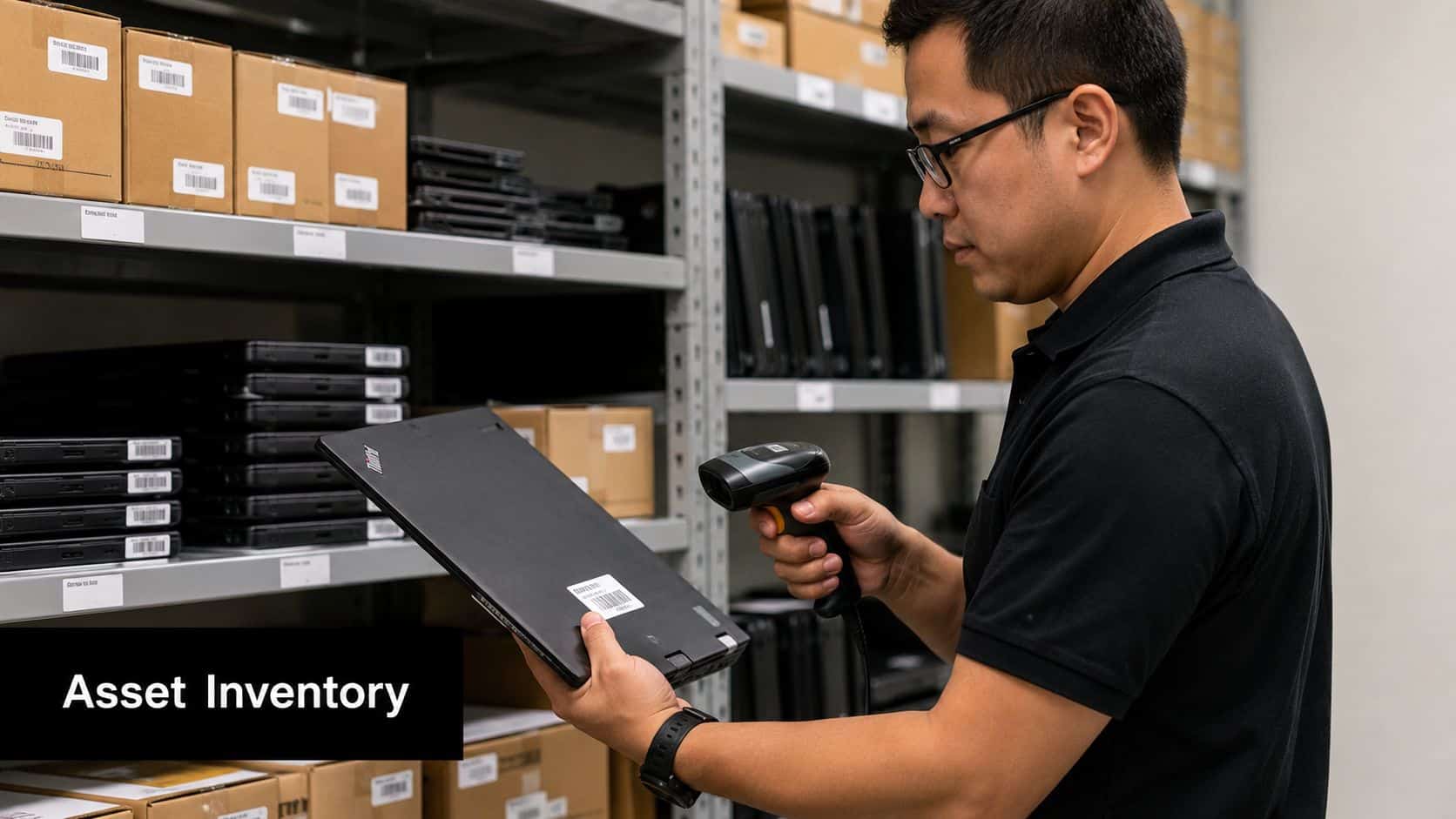 A professional IT worker scanning a laptop asset tag with a handheld scanner in a warehouse.