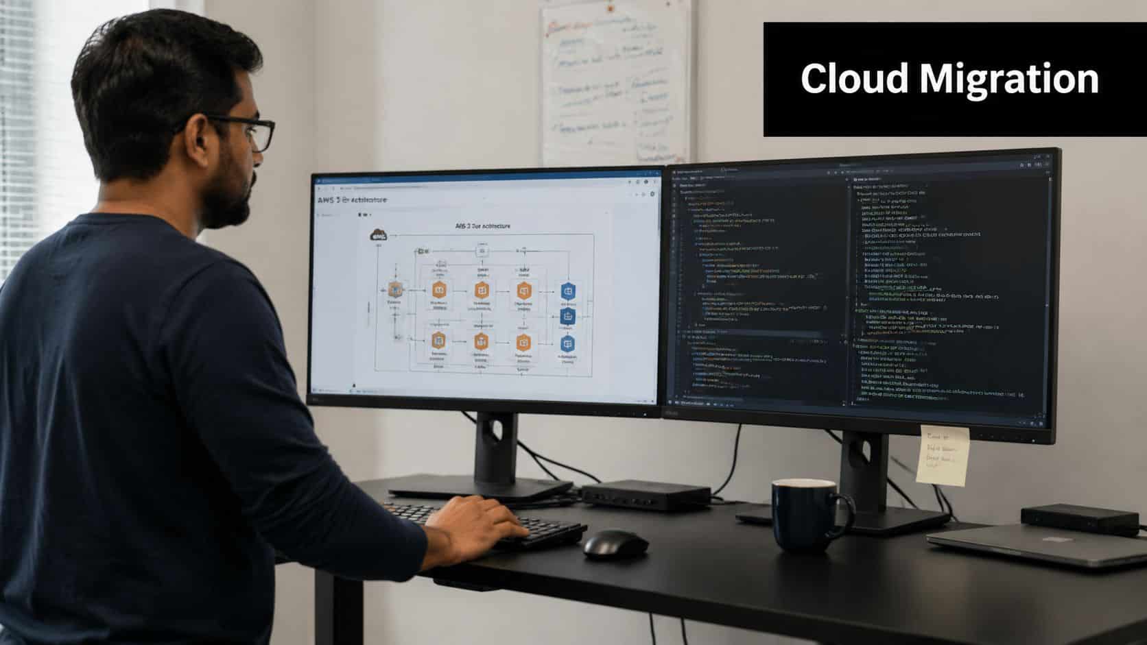 A professional developer working at a desk with dual monitors displaying cloud architecture and code.