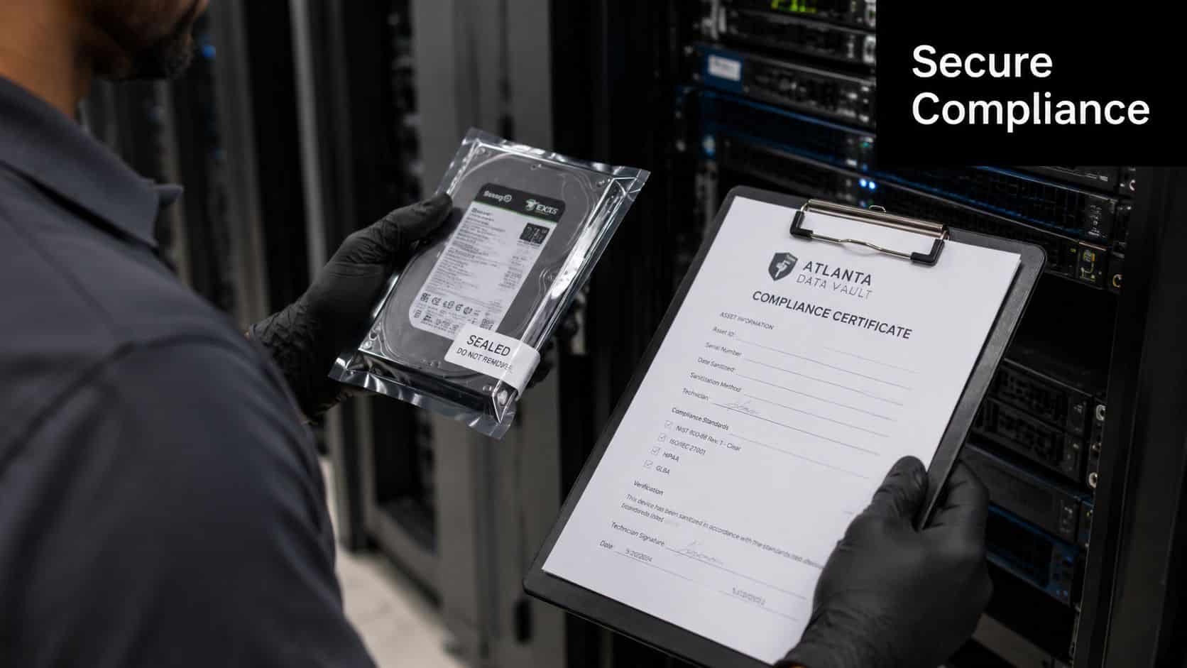 Technician in gloves holding a sealed hard drive and a compliance certificate in a data center.