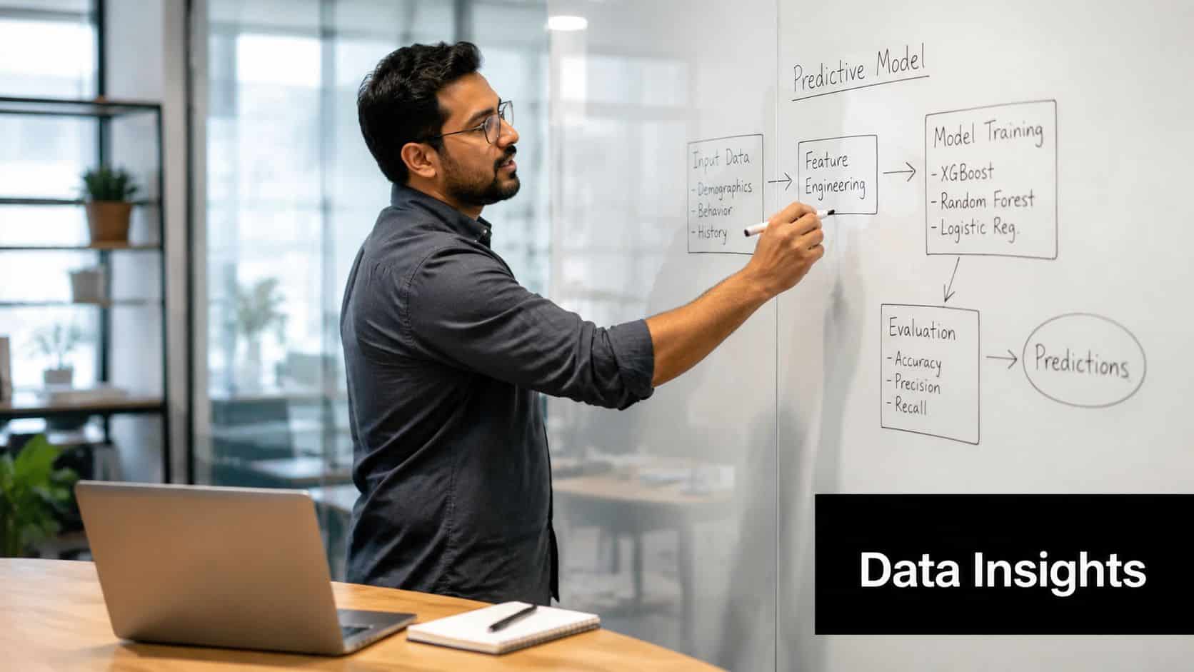 A professional man drawing a predictive machine learning model diagram on a glass whiteboard in an office.