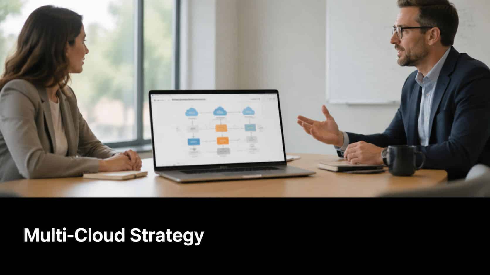 A professional man and woman discuss a multi-cloud strategy diagram displayed on a laptop in an office.