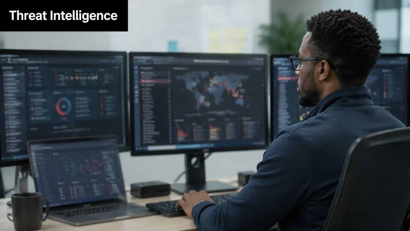 A professional IT specialist analyzing threat intelligence data on multiple computer monitors in an office setting.