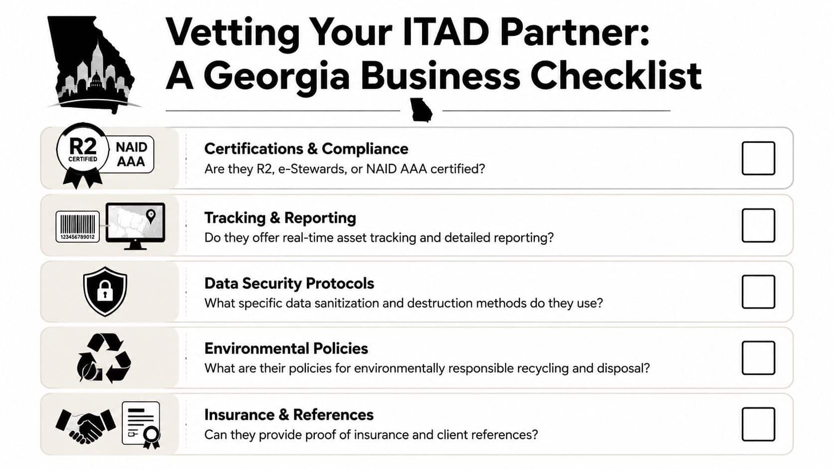 A professional business checklist for vetting IT asset disposition partners in the state of Georgia.