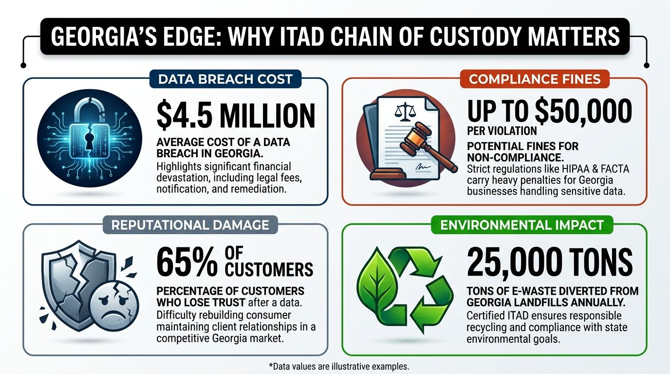 An infographic titled Georgia's Edge highlighting the importance of ITAD chain of custody regarding data breaches and compliance.