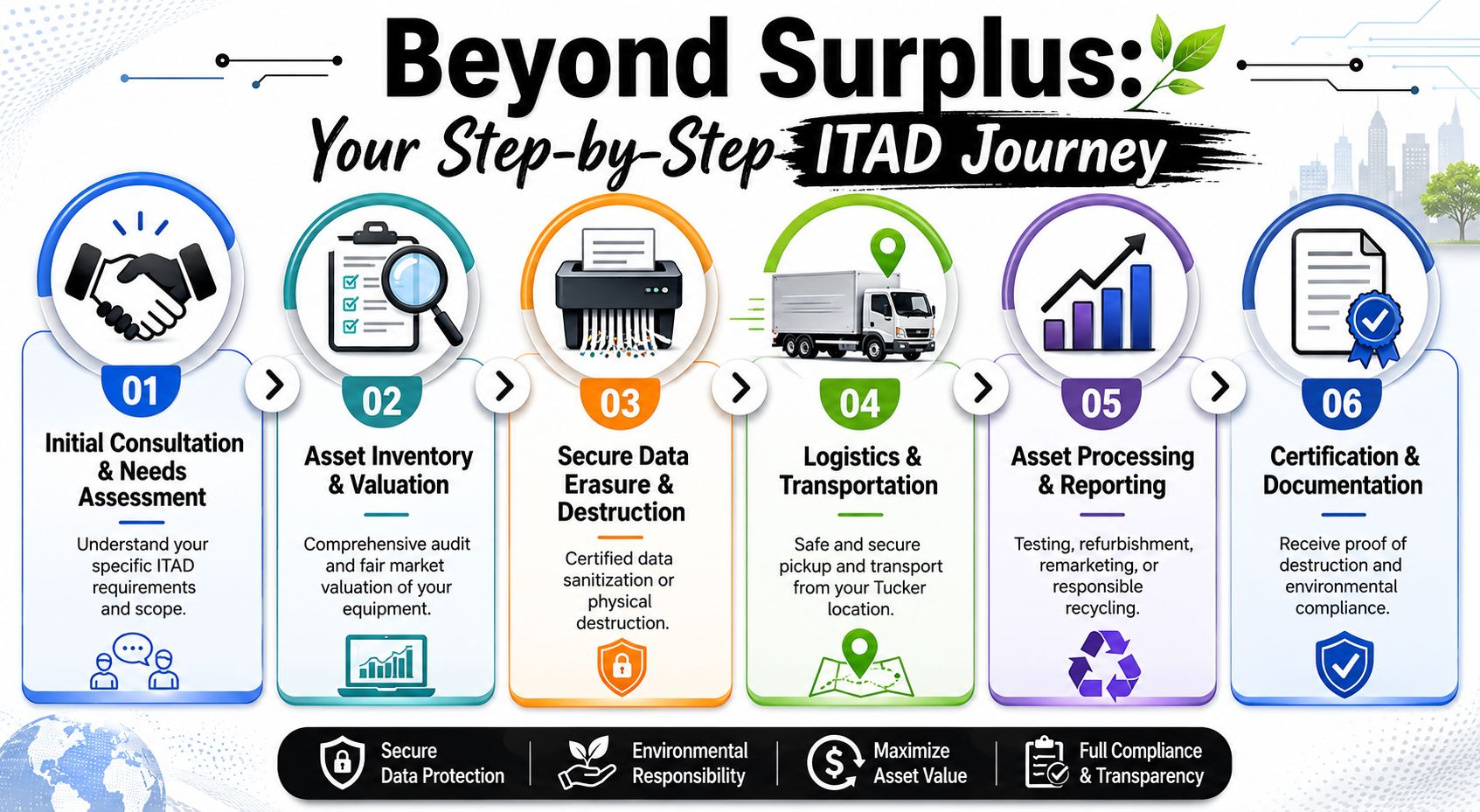 A six-step infographic detailing the ITAD process, from consultation to final certification for secure asset management.