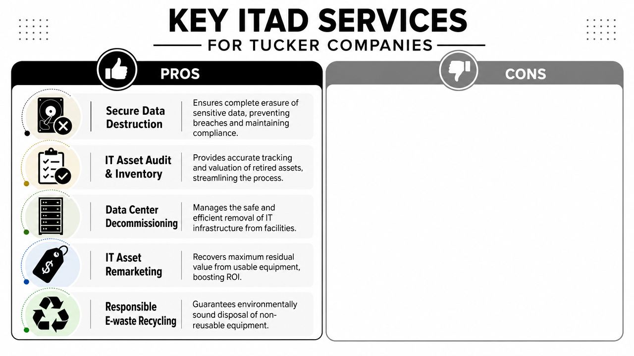 A table outlining the benefits and pros of key IT asset disposition services for Tucker companies.