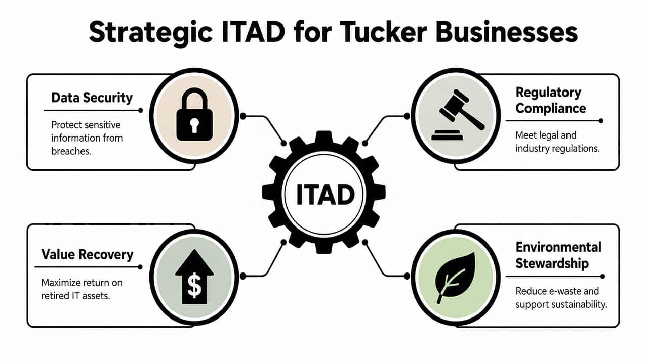 A strategic ITAD diagram for Tucker Businesses covering data security, regulatory compliance, value recovery, and environmental stewardship.