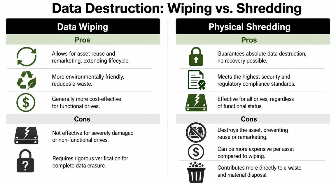 A comparison table outlining the pros and cons of data wiping versus physical shredding for devices.