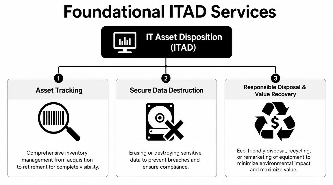 A diagram illustrating the three core ITAD services: asset tracking, secure data destruction, and responsible disposal.
