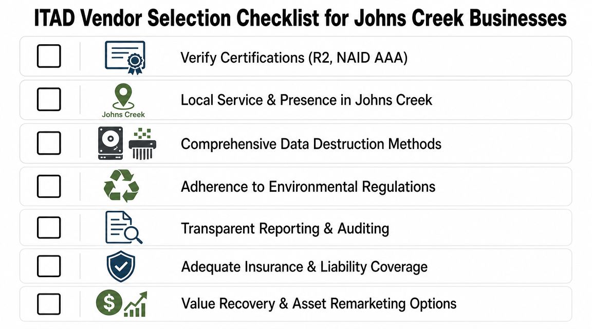 A checklist for businesses in Johns Creek evaluating IT asset disposition vendors based on security and compliance.