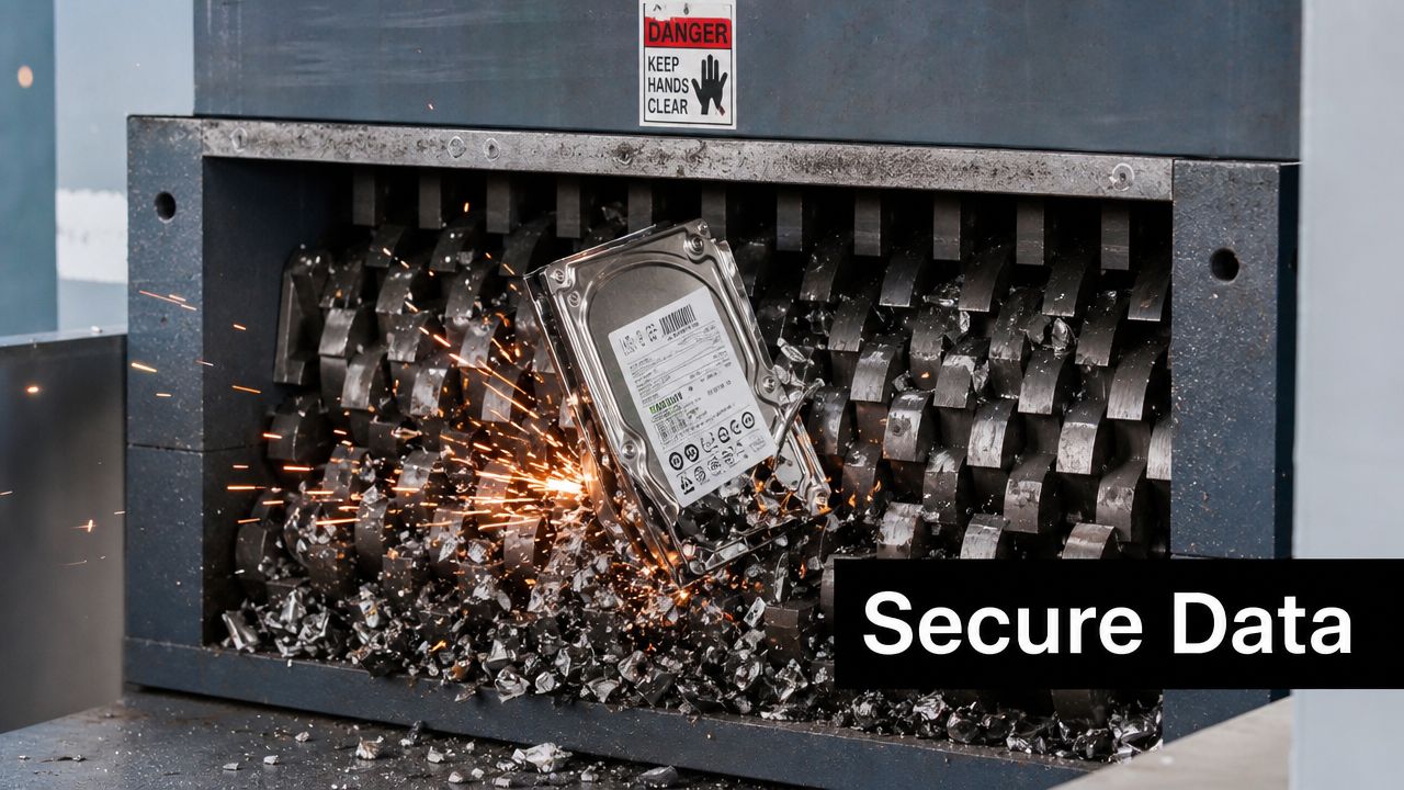 A hard drive being destroyed by industrial shredder blades, creating sparks for secure data destruction services.