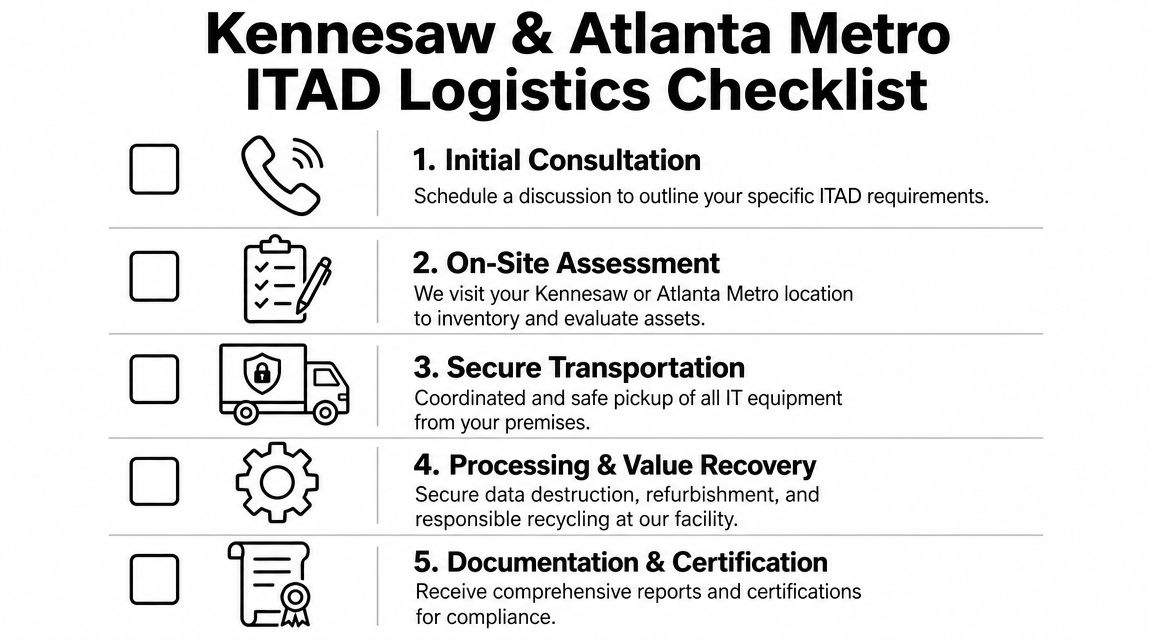 A five-step ITAD logistics checklist for Kennesaw and Atlanta Metro areas regarding IT equipment management.