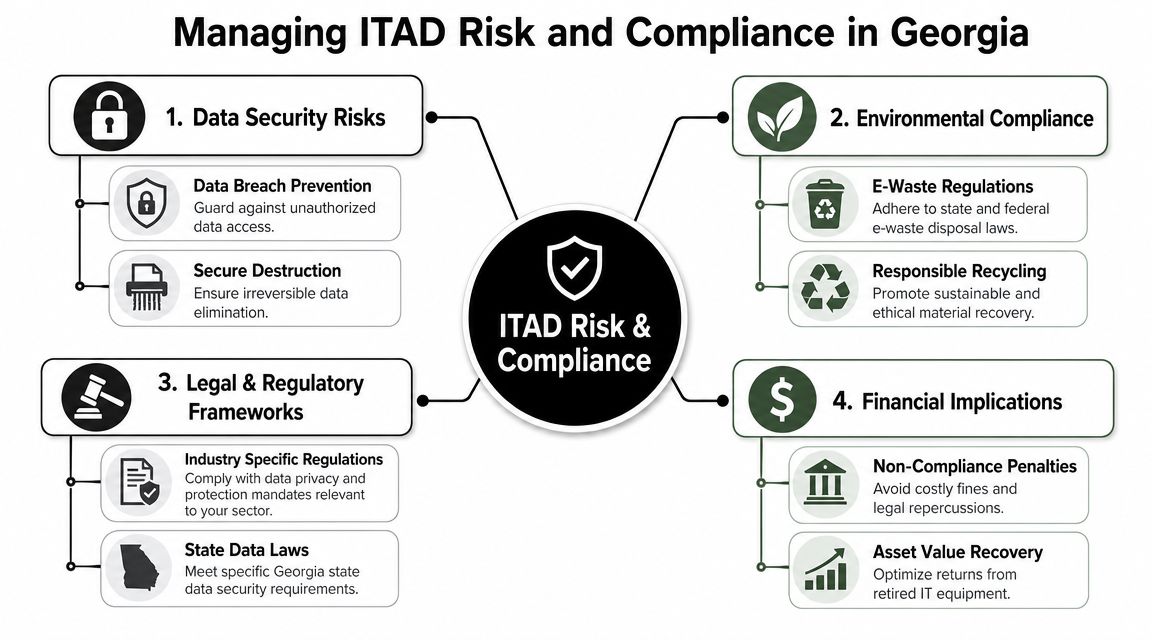 A diagram outlining the four key pillars of ITAD risk and compliance in Georgia for businesses.
